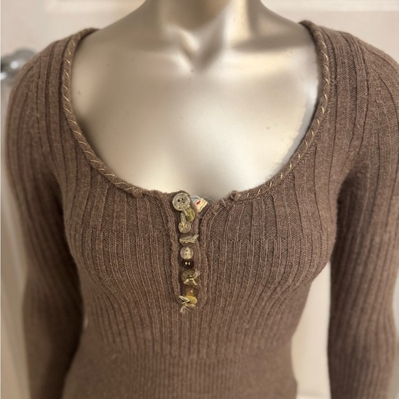 Y2K Free People Ribbed Henley Sweater Brown Size S wool blend - Picture 3 of 9